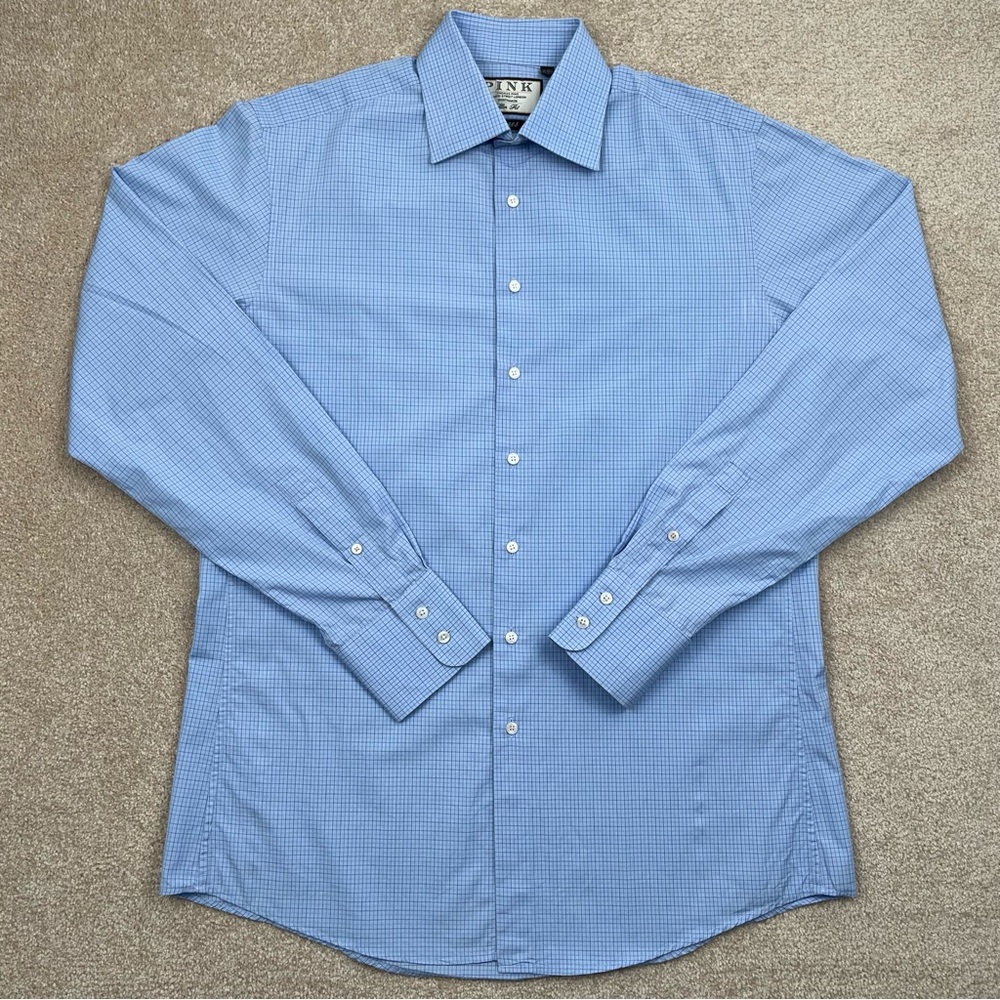Thomas Pink Shirt Adult Neck16 Large Blue Check Button Up Slim Fit Luxury Men